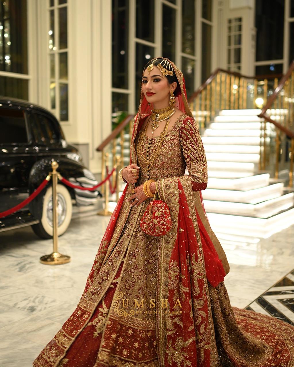 Deep Red Zardozi Silk Bridal Lehenga (3-Piece) - Image 5