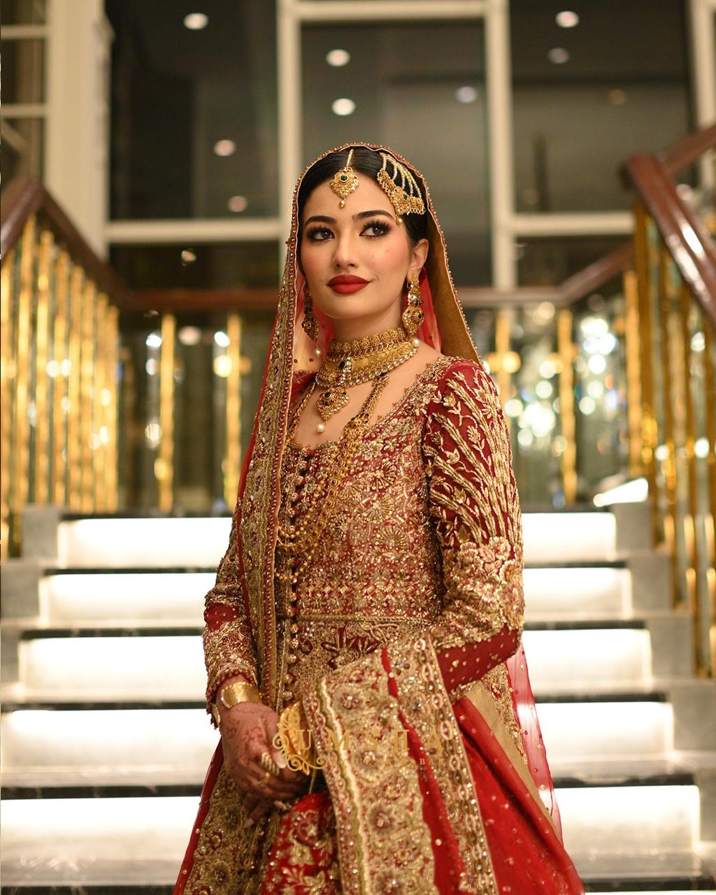 Deep Red Zardozi Silk Bridal Lehenga (3-Piece) - Image 7