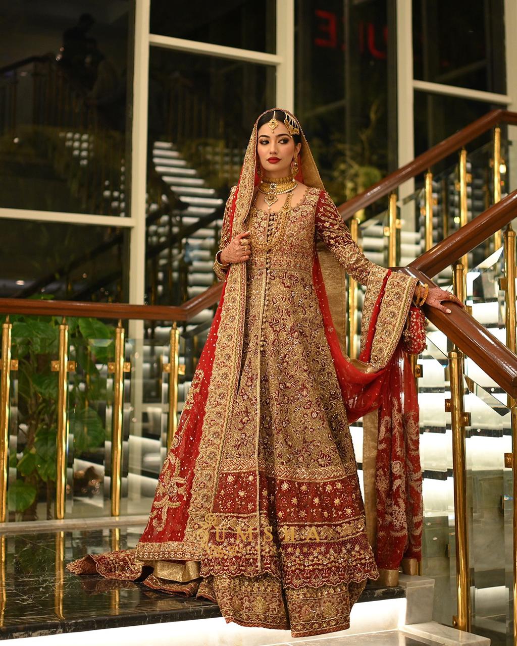 Deep Red Zardozi Silk Bridal Lehenga (3-Piece) - Image 8