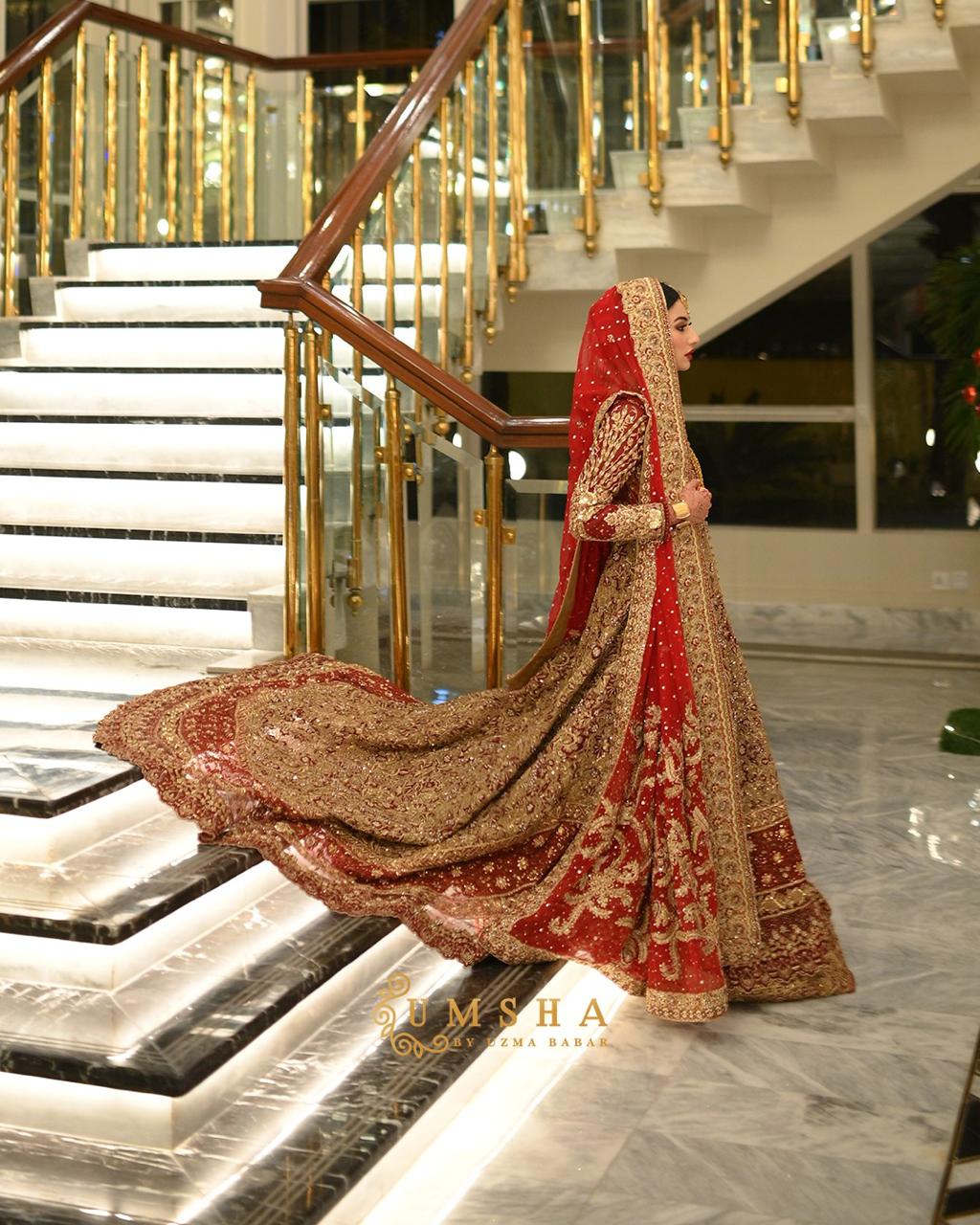 Deep Red Zardozi Silk Bridal Lehenga (3-Piece) - Image 9