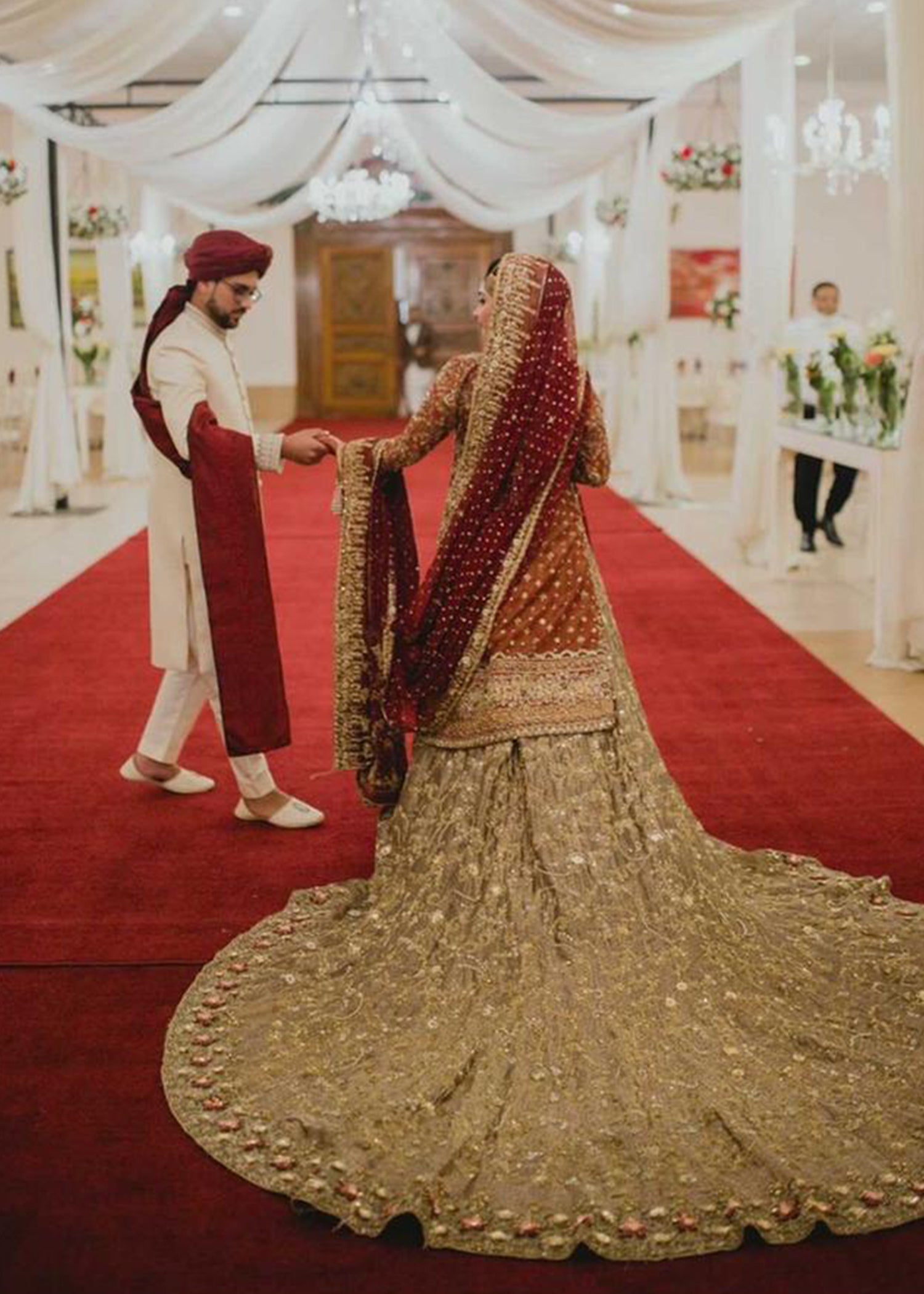 Deep Red Zardozi Silk Blend Bridal Lehenga (3-Piece) - Image 4