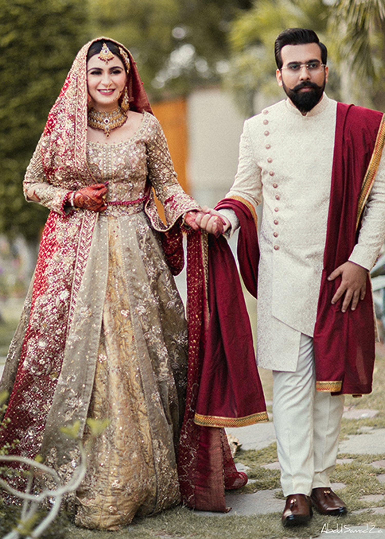 Pakistani Deep Red Gold Embellished Silk Blend Bridal Lehenga (3-Piece) - Image 1