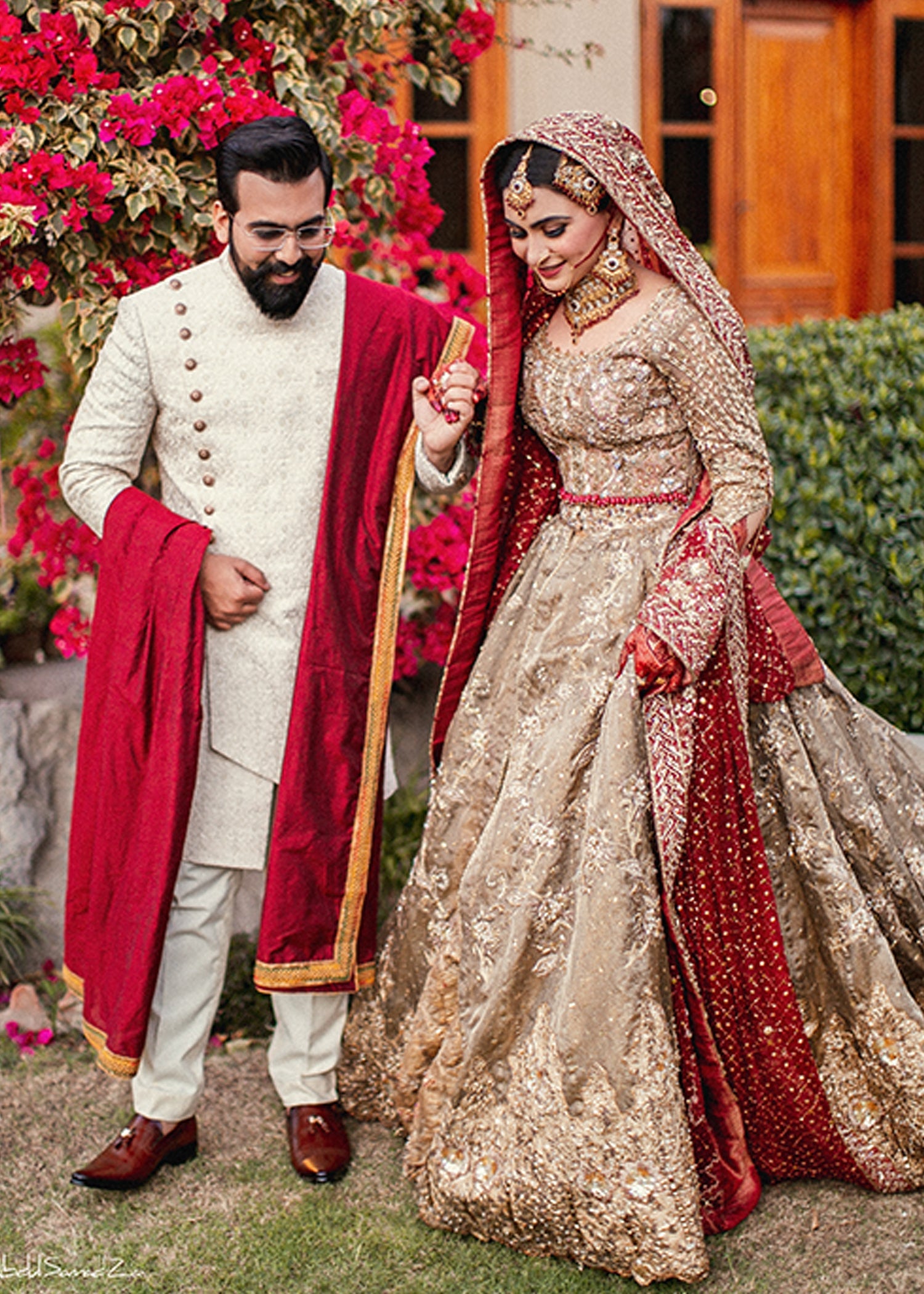 Pakistani Deep Red Gold Embellished Silk Blend Bridal Lehenga (3-Piece) - Image 2