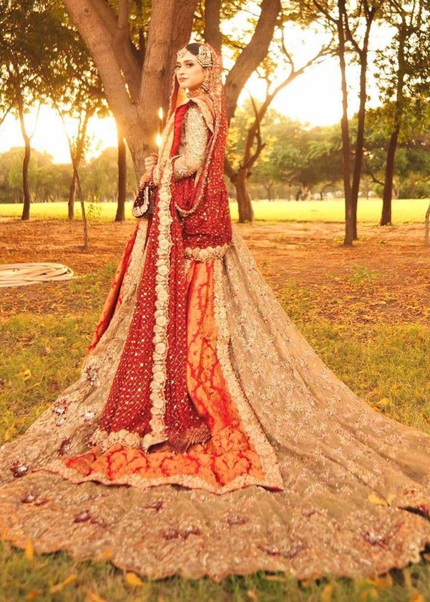 Pakistani Deep Red Gold Embellished Silk Blend Bridal Lehenga (3-Piece) - Image 3