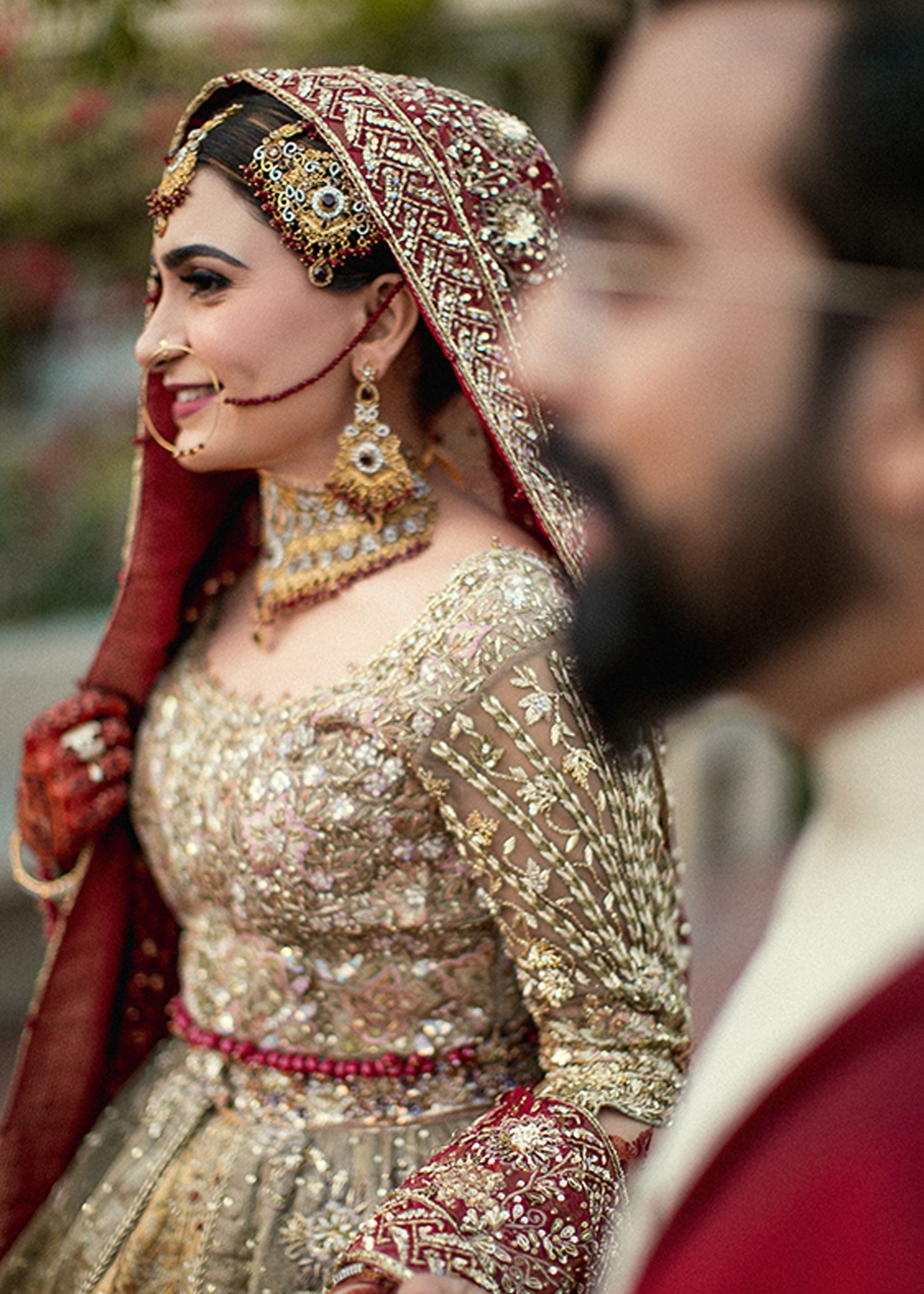 Pakistani Deep Red Gold Embellished Silk Blend Bridal Lehenga (3-Piece) - Image 4