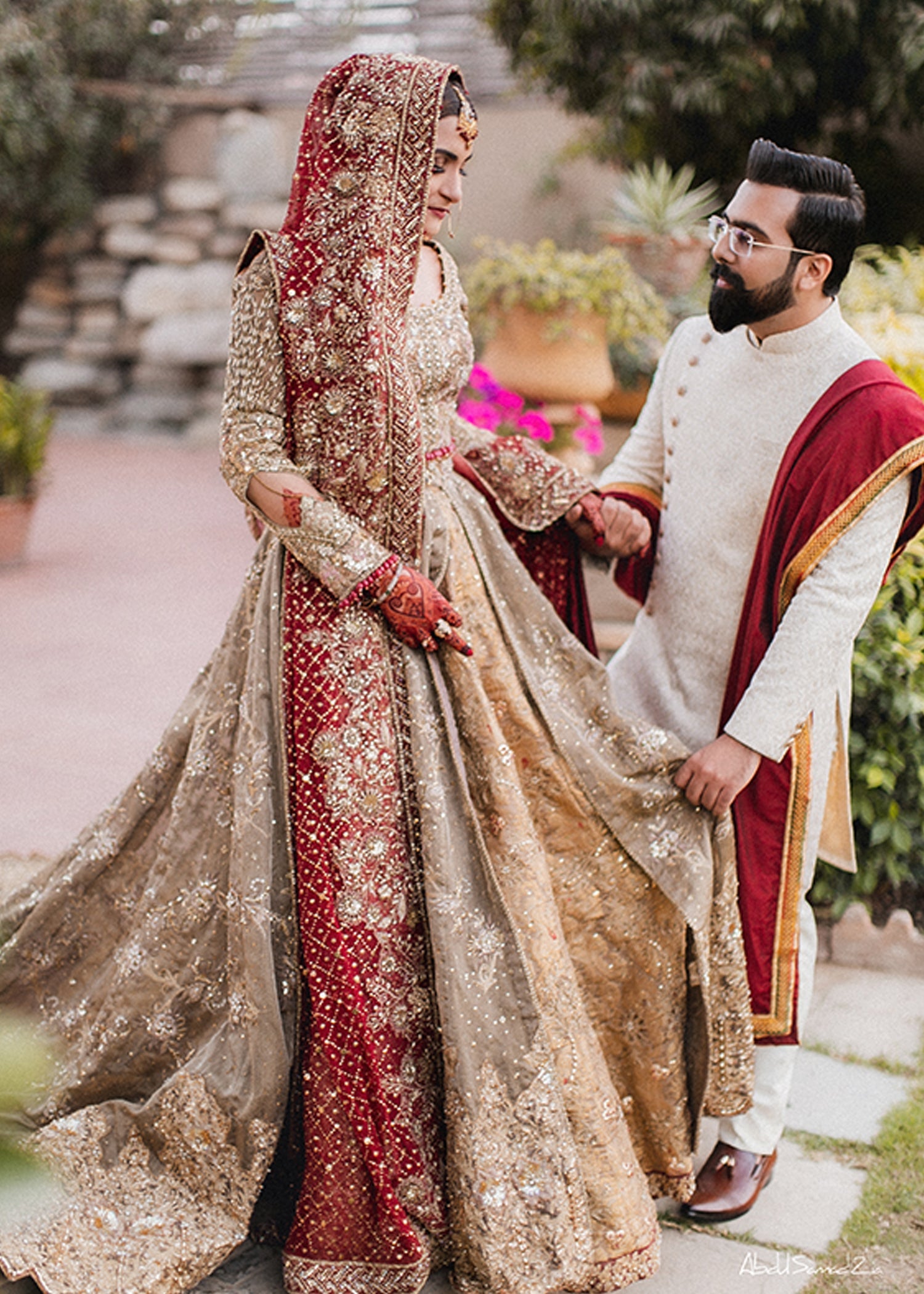 Pakistani Deep Red Gold Embellished Silk Blend Bridal Lehenga (3-Piece) - Image 5