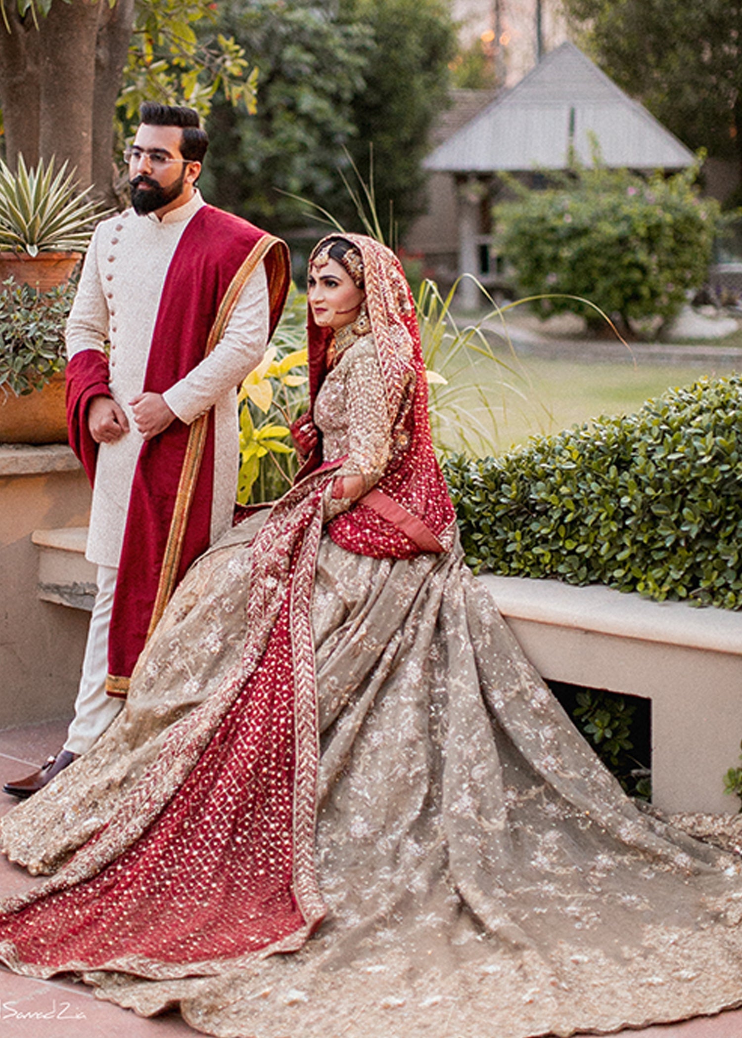 Pakistani Deep Red Gold Embellished Silk Blend Bridal Lehenga (3-Piece) - Image 7