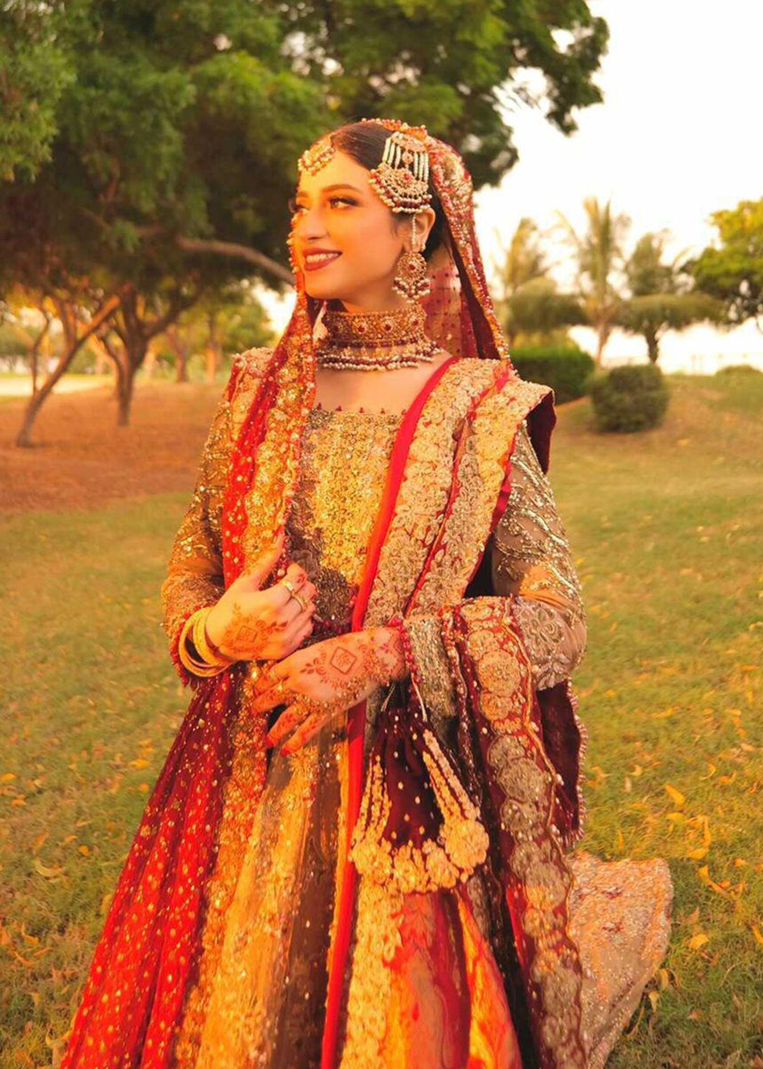 Pakistani Deep Red Gold Embellished Silk Blend Bridal Lehenga (3-Piece) - Image 8