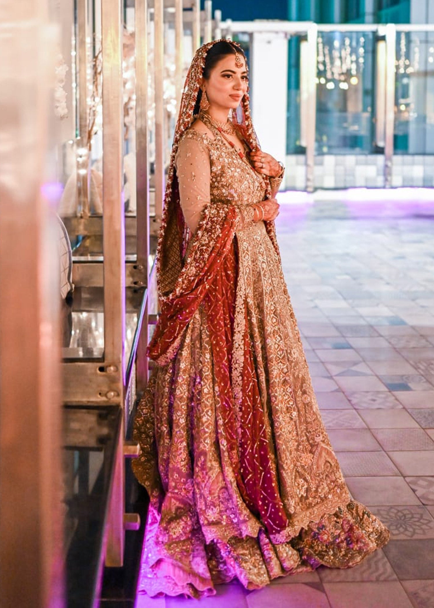 Pakistani Deep Red Gold Embroidered Silk Blend Bridal Lehenga (3-Piece) - Image 1