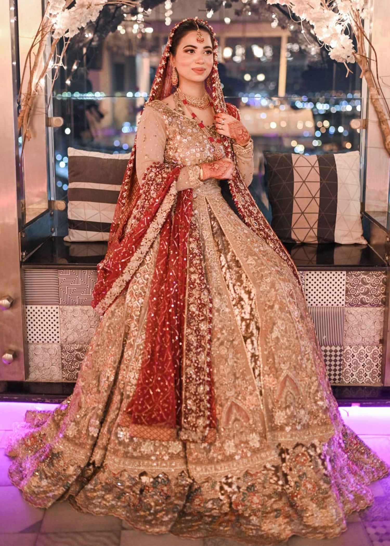 Pakistani Deep Red Gold Embroidered Silk Blend Bridal Lehenga (3-Piece) - Image 3