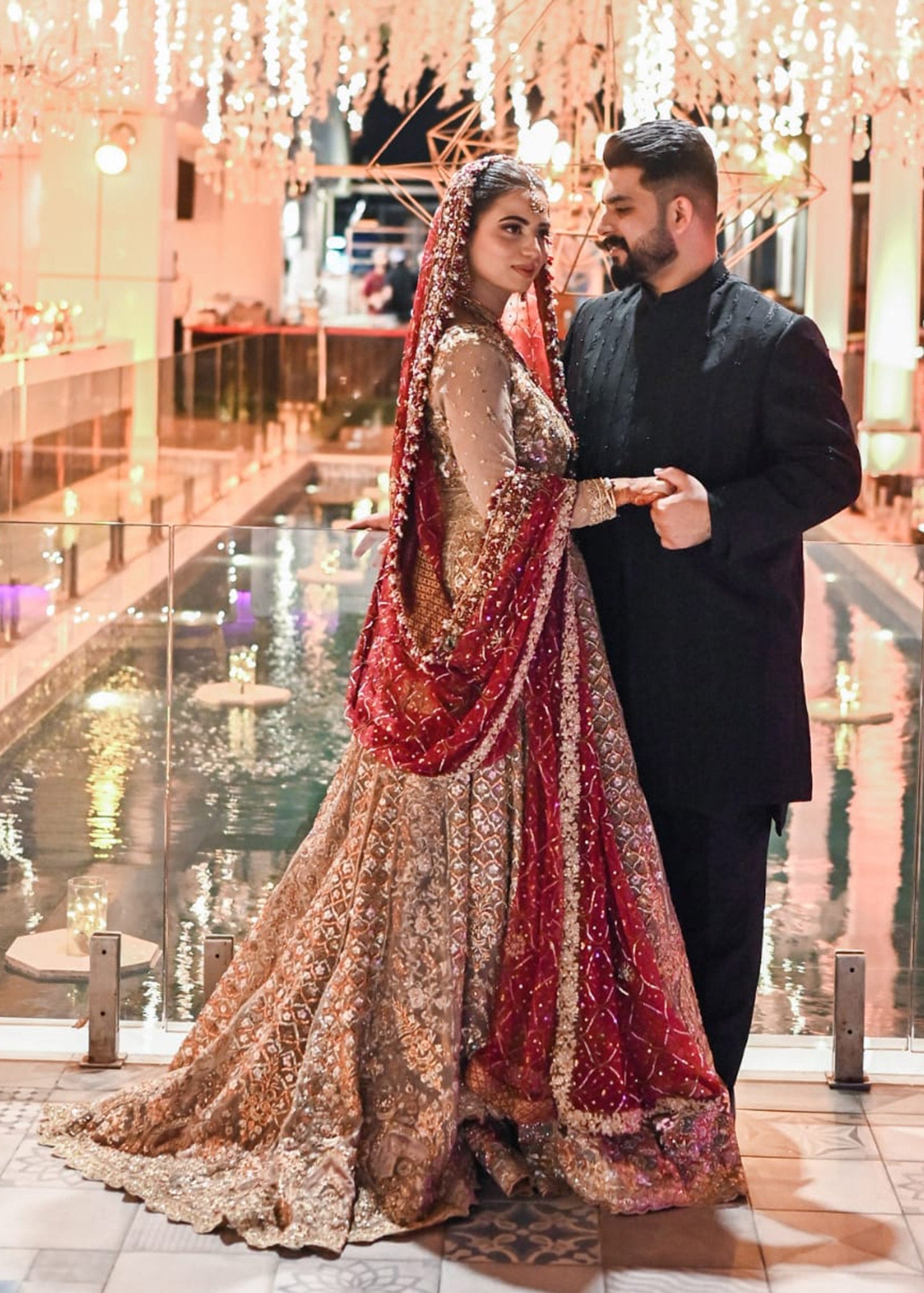 Pakistani Deep Red Gold Embroidered Silk Blend Bridal Lehenga (3-Piece) - Image 4