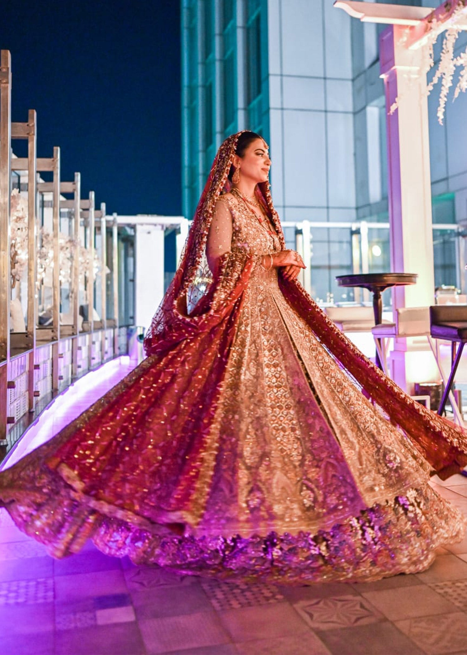 Pakistani Deep Red Gold Embroidered Silk Blend Bridal Lehenga (3-Piece) - Image 5