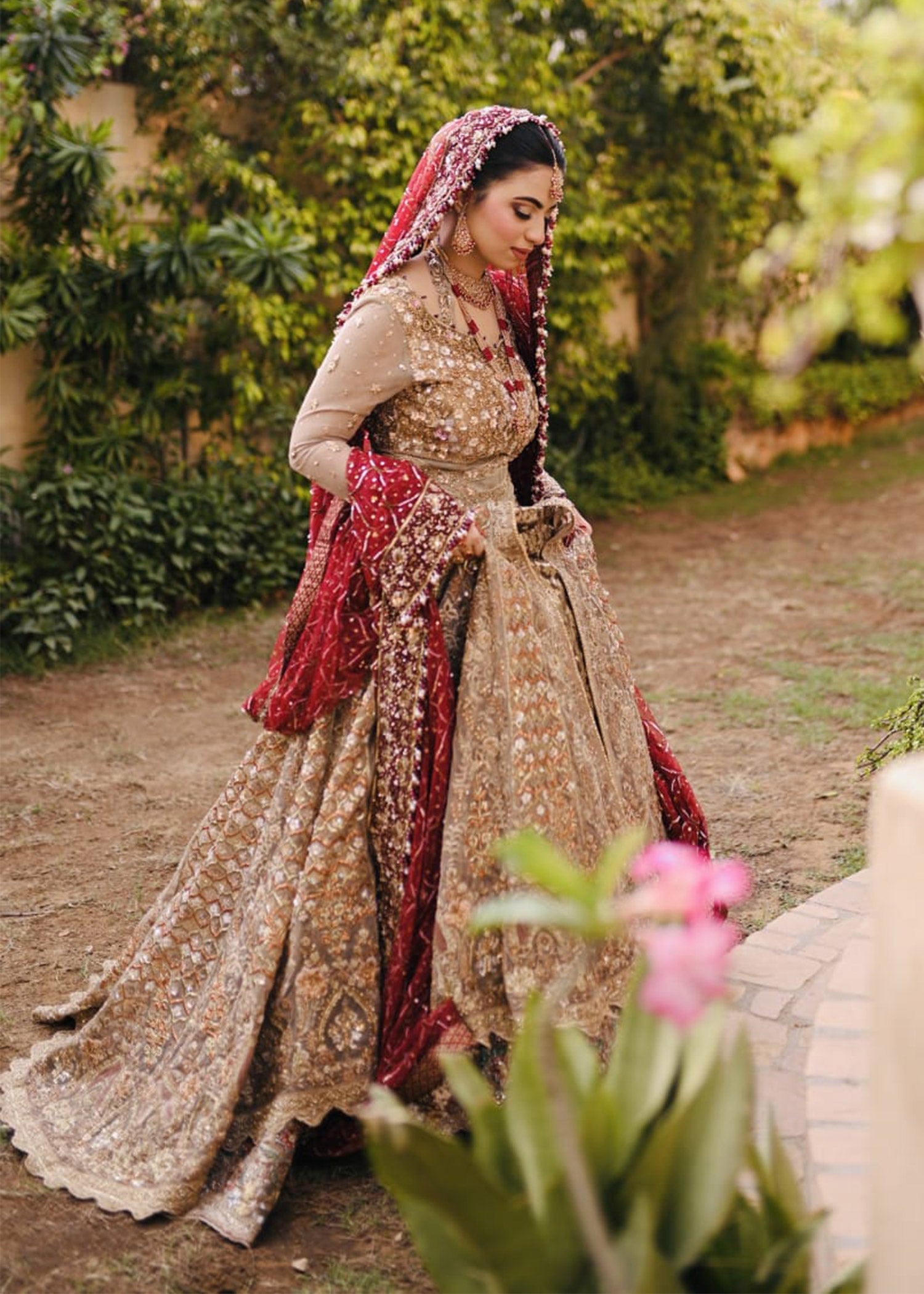 Pakistani Deep Red Gold Embroidered Silk Blend Bridal Lehenga (3-Piece) - Image 6