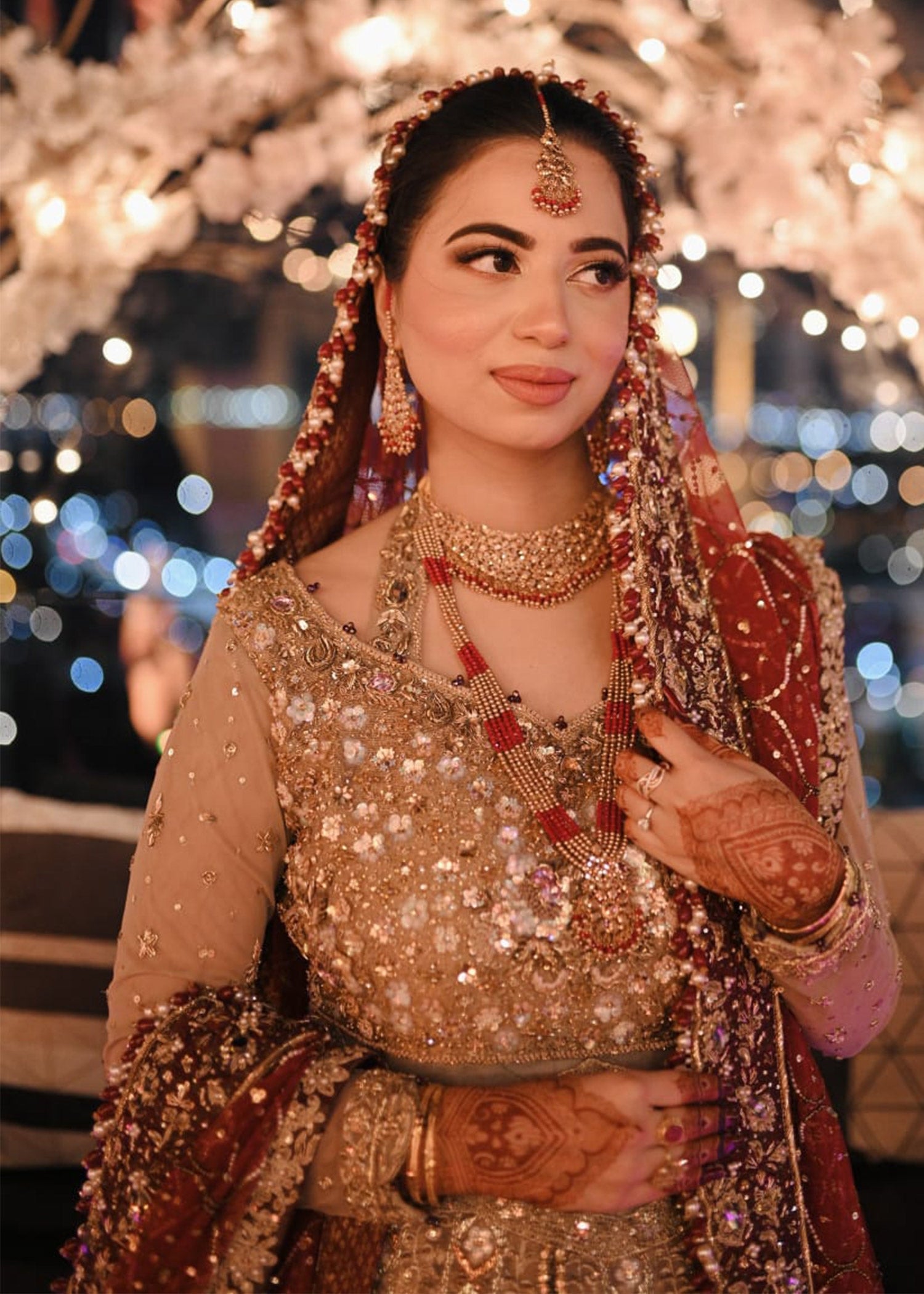 Pakistani Deep Red Gold Embroidered Silk Blend Bridal Lehenga (3-Piece) - Image 7