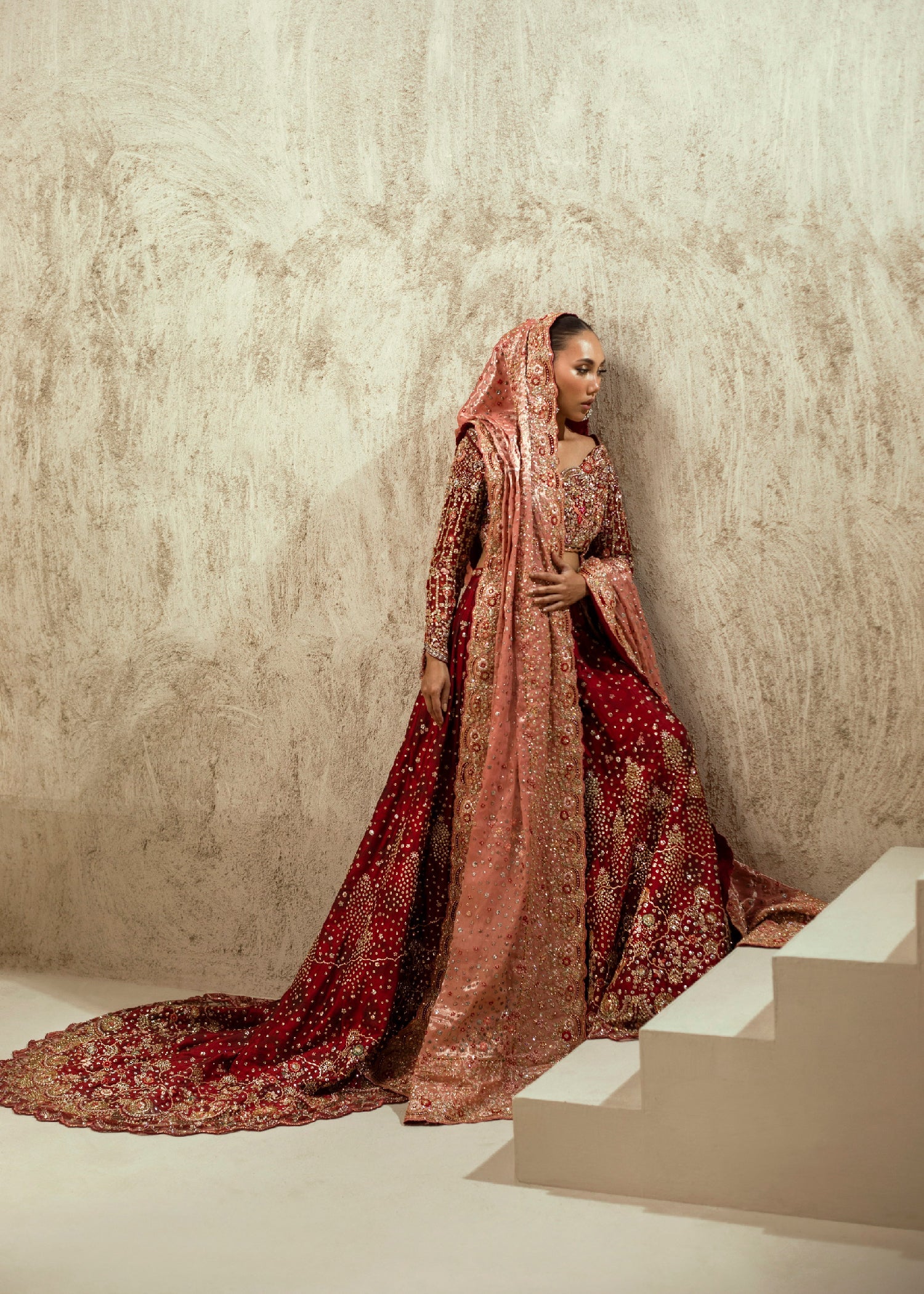 Pakistani Rouge Red Embellished Net Silk Lehenga (3-Piece) - Image 1