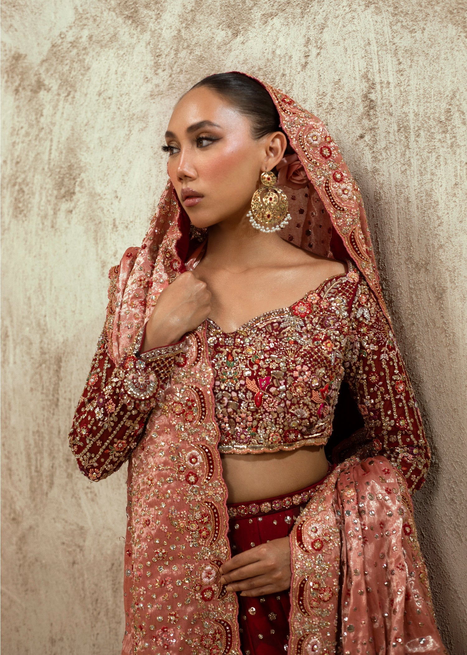 Pakistani Rouge Red Embellished Net Silk Lehenga (3-Piece) - Image 2