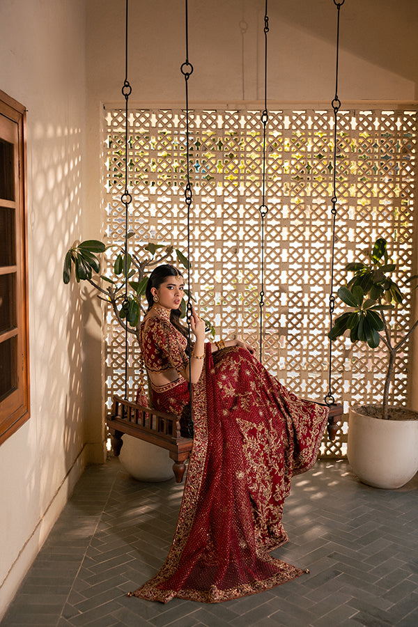 Ruby Red Zardozi Embroidered Silk Blend Lehenga Choli (3-Piece) - Image 10