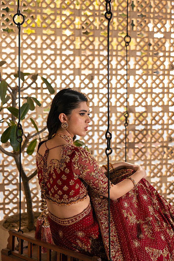 Ruby Red Zardozi Embroidered Silk Blend Lehenga Choli (3-Piece) - Image 11