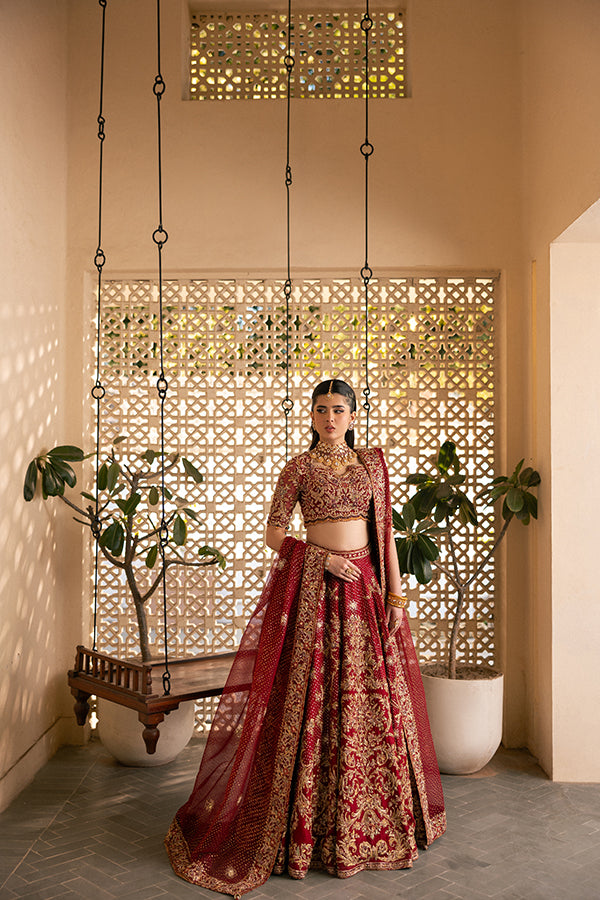 Ruby Red Zardozi Embroidered Silk Blend Lehenga Choli (3-Piece) - Image 3