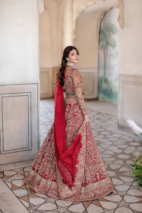 Pakistani Deep Red Gold Zardozi Silk-Blend Bridal Lehenga Choli (3-Piece) - Image 4