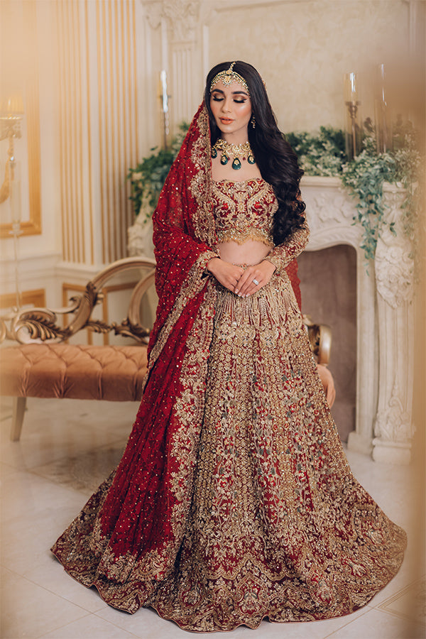 Deep Red Zardozi Silk-Blend Bridal Lehenga (3-Piece) - Image 3
