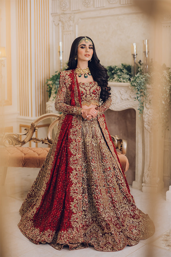 Deep Red Zardozi Silk-Blend Bridal Lehenga (3-Piece) - Image 4