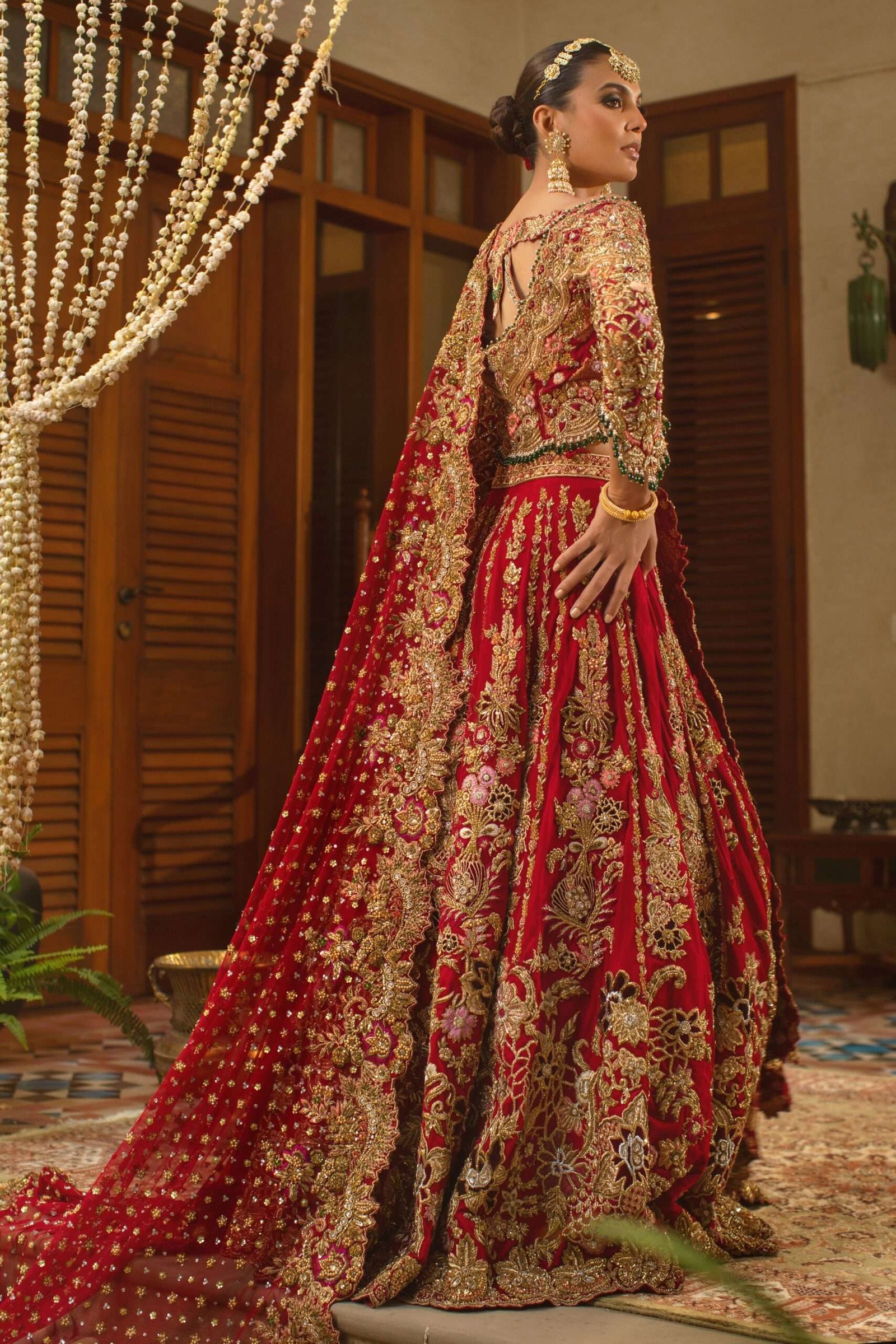Pakistani Deep Red Zardozi Kamdani Silk Bridal Lehenga (3-Piece) - Image 2