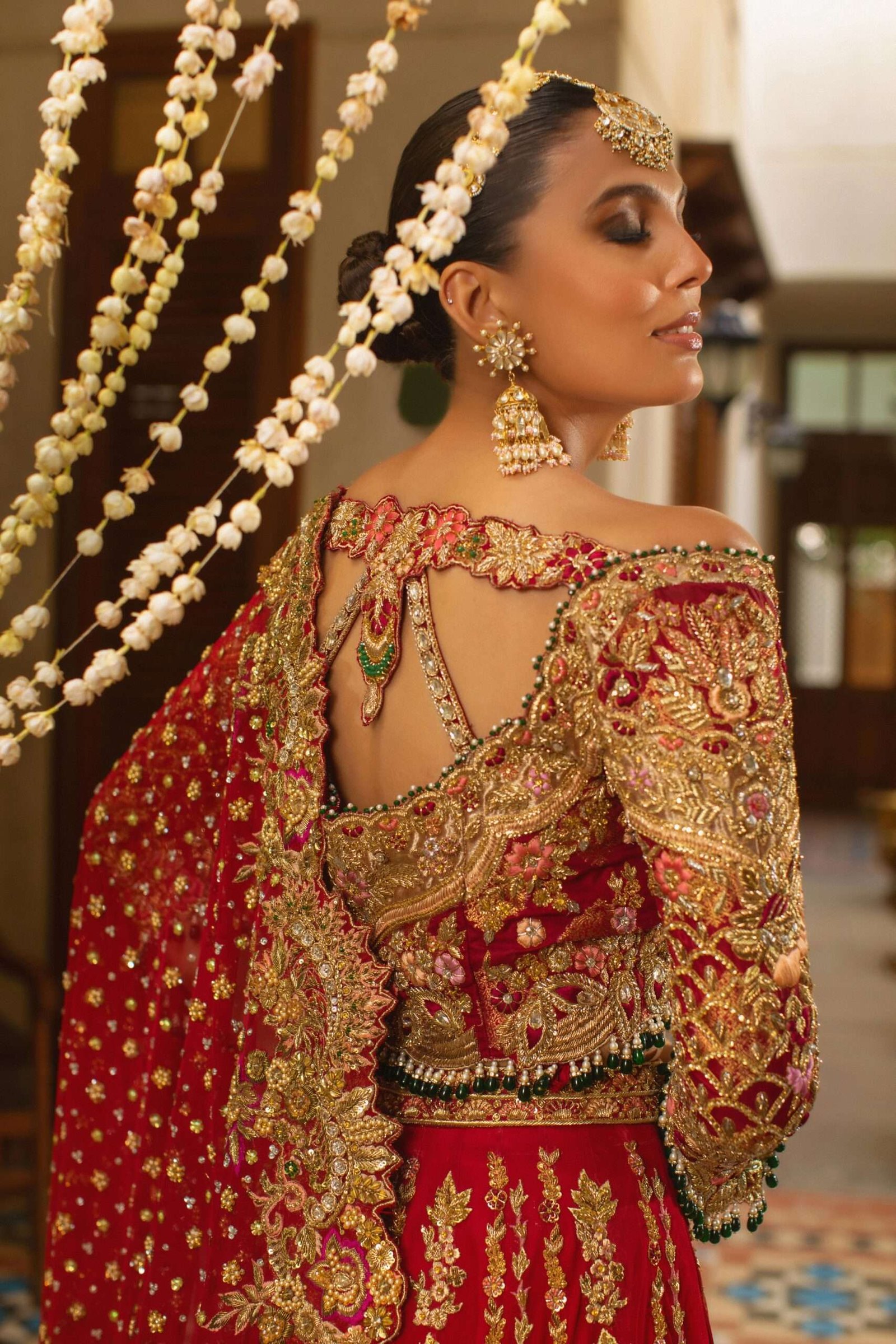 Pakistani Deep Red Zardozi Kamdani Silk Bridal Lehenga (3-Piece) - Image 5