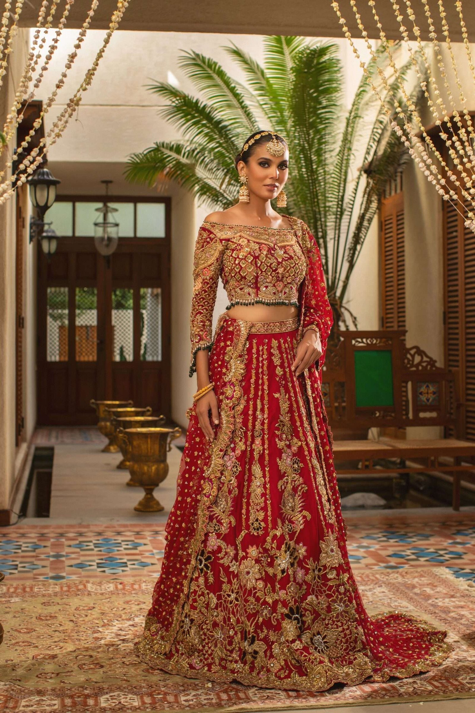 Pakistani Deep Red Zardozi Kamdani Silk Bridal Lehenga (3-Piece) - Image 6