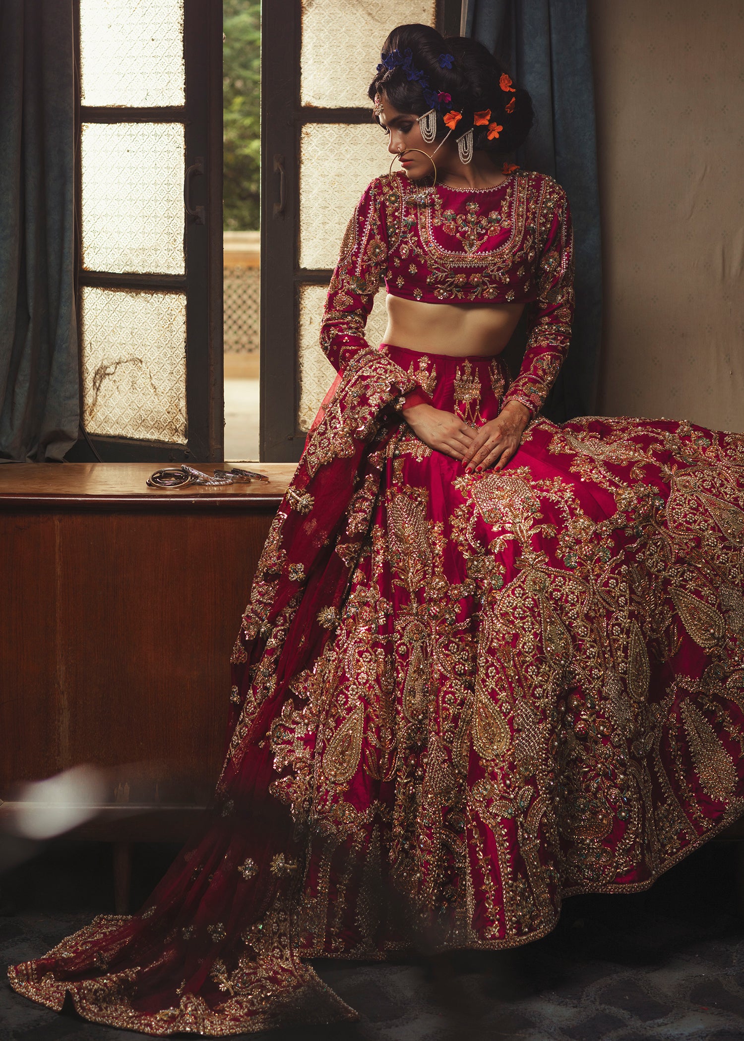 Deep Red Sequin Embroidered Silk-Blend Lehenga Choli (3-Piece) - Image 1