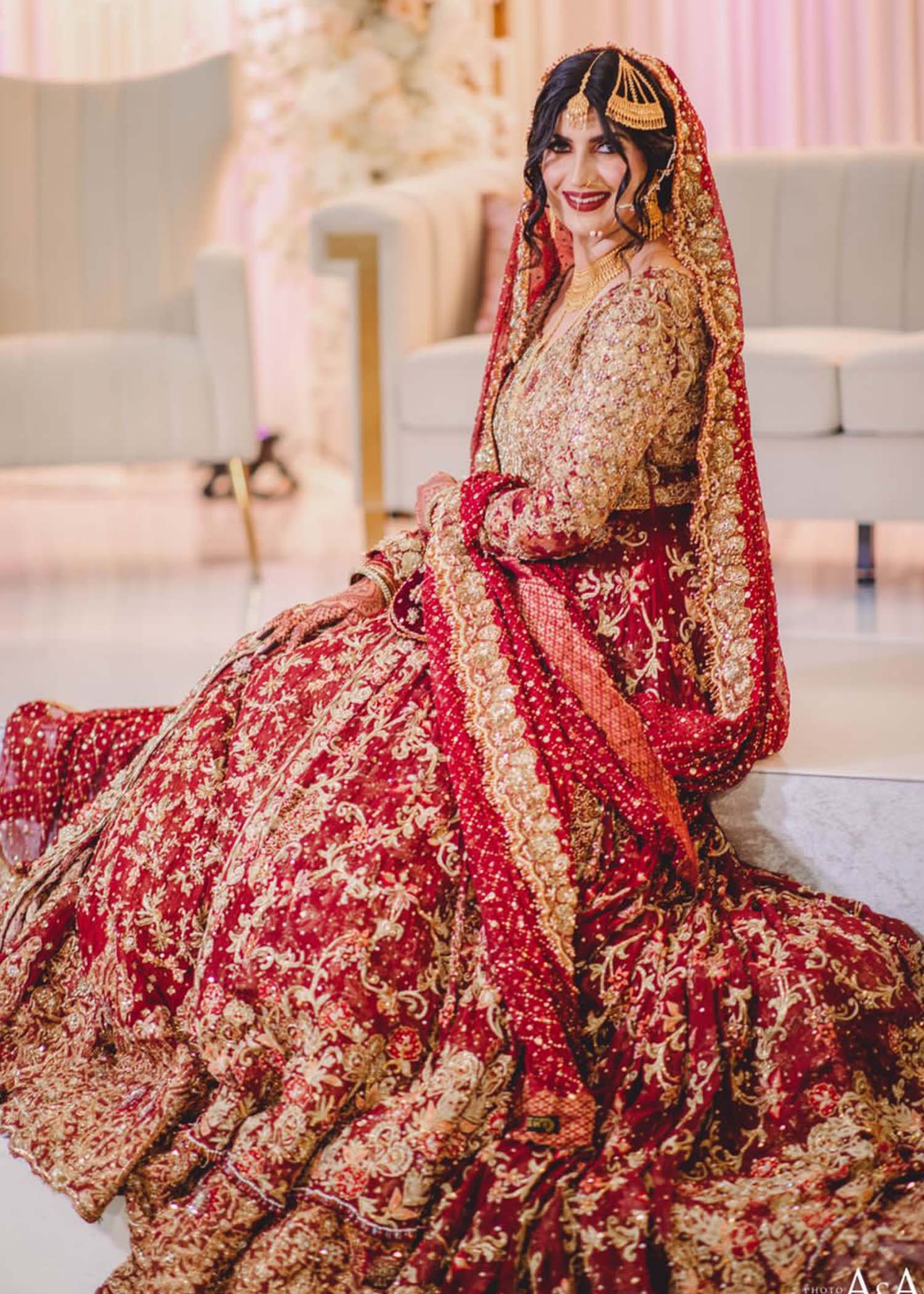 Deep Red Zardozi Silk Blend Bridal Lehenga (3-Piece) - Image 1