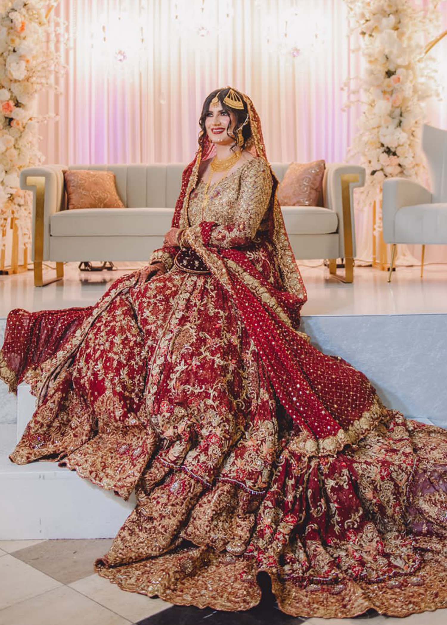 Deep Red Zardozi Silk Blend Bridal Lehenga (3-Piece) - Image 2