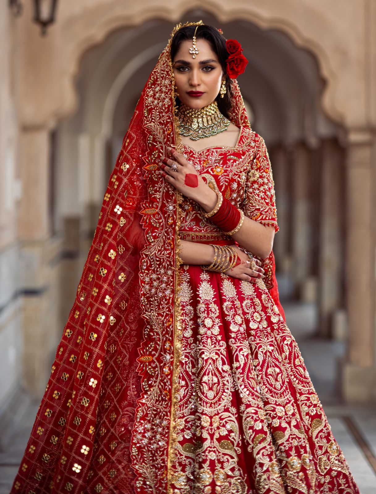 Deep Red Embroidered Silk Bridal Choli Lehenga (3-Piece) - Image 1