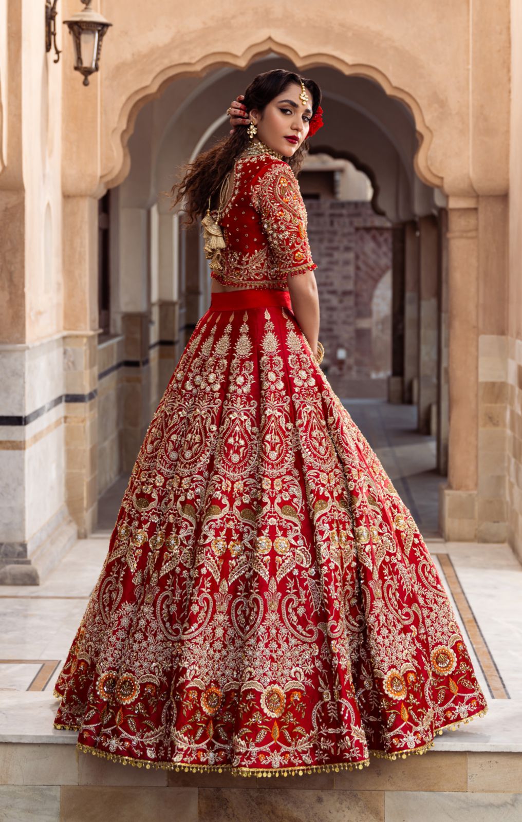 Deep Red Embroidered Silk Bridal Choli Lehenga (3-Piece) - Image 2