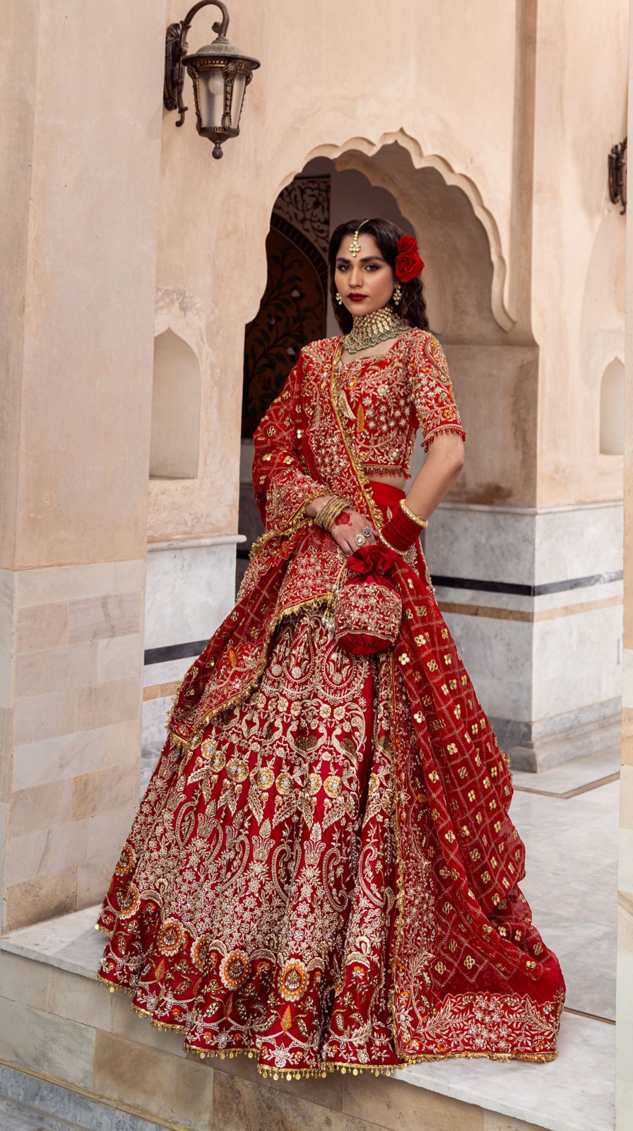 Deep Red Embroidered Silk Bridal Choli Lehenga (3-Piece) - Image 3