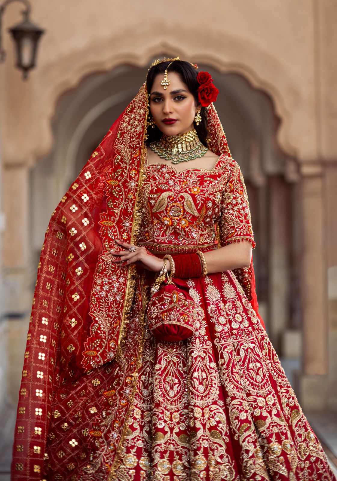 Deep Red Embroidered Silk Bridal Choli Lehenga (3-Piece) - Image 4