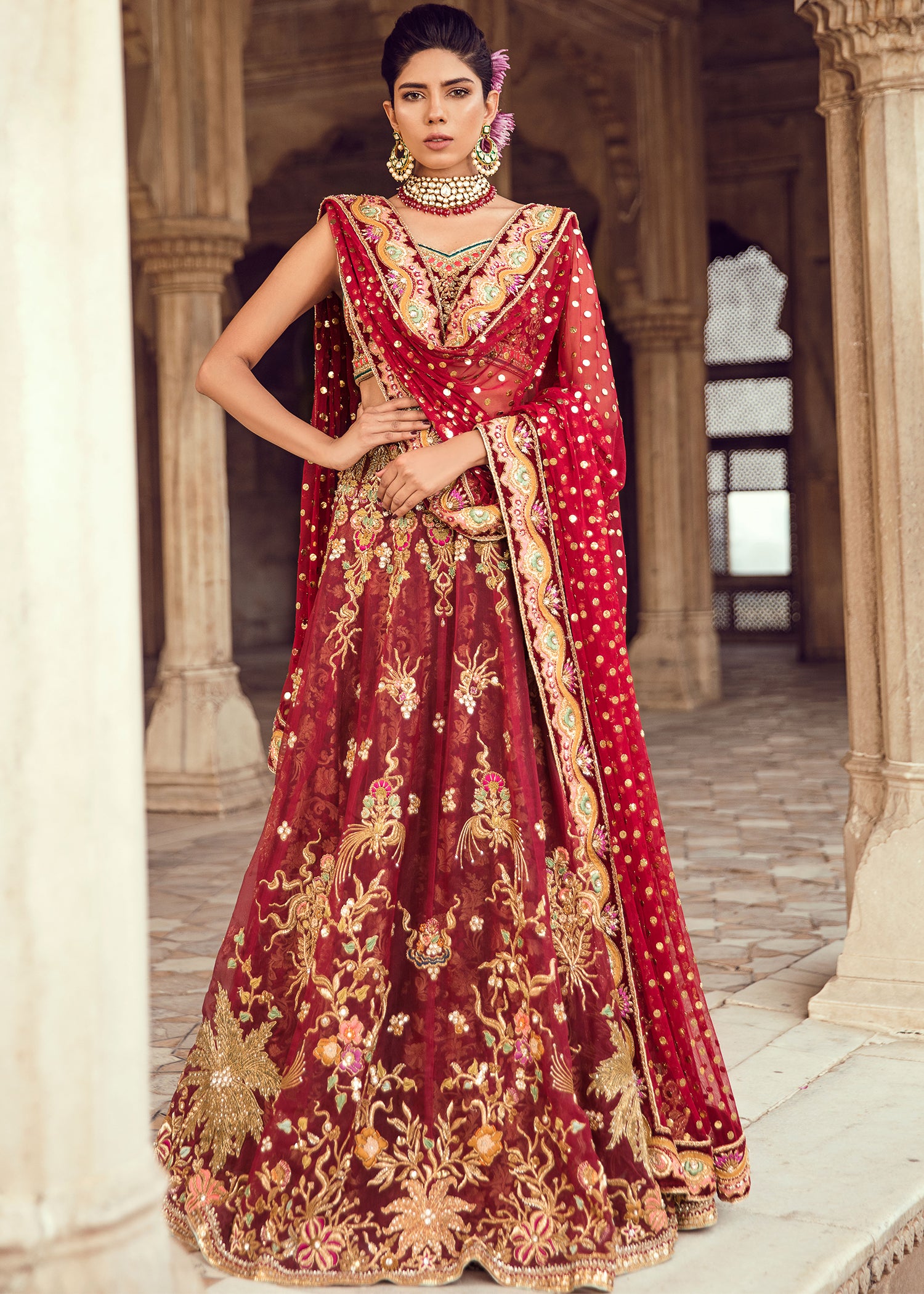 Pakistani Deep Red Embroidered Silk Blend Lehenga Choli (3-Piece) - Image 1