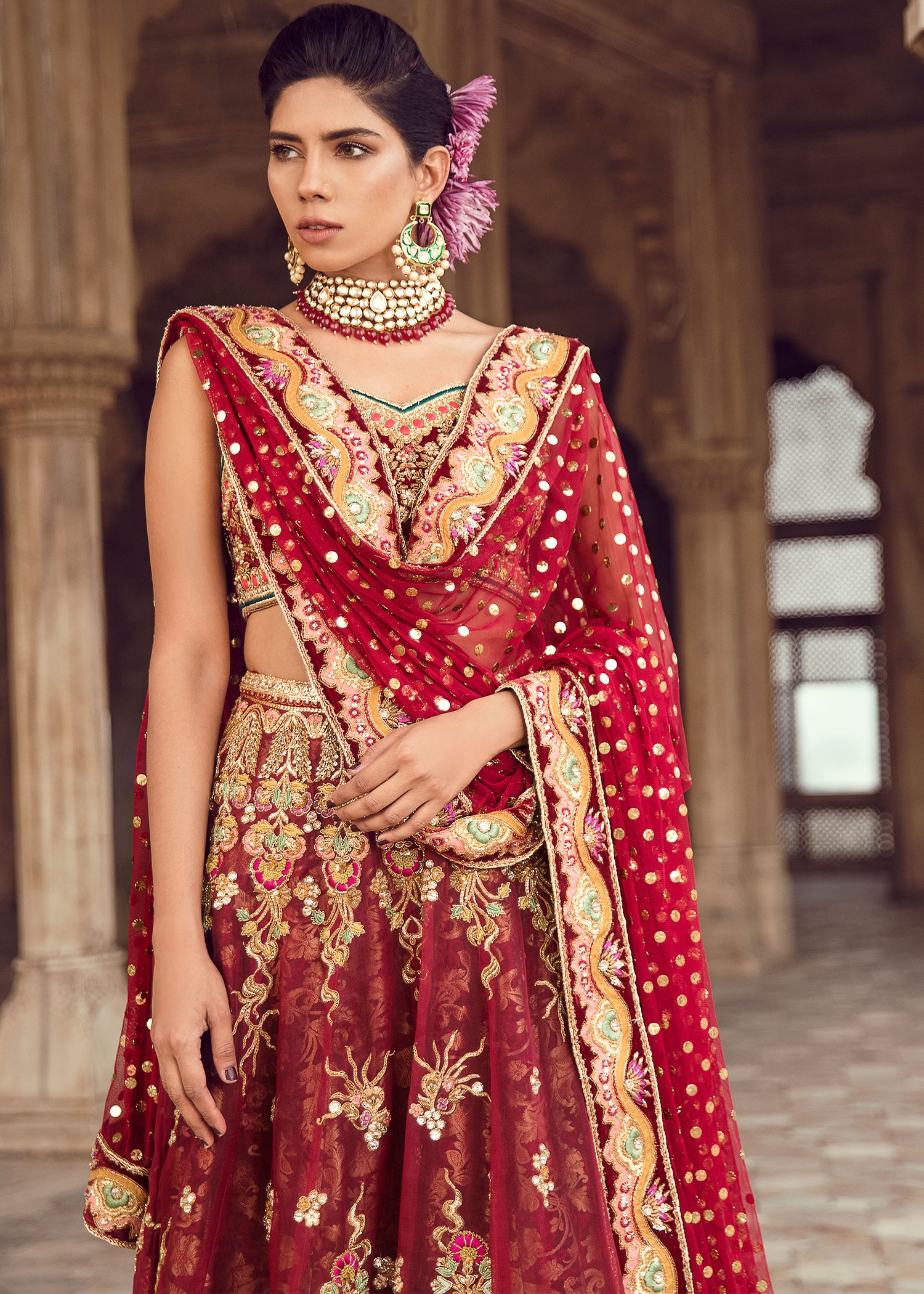 Pakistani Deep Red Embroidered Silk Blend Lehenga Choli (3-Piece) - Image 2