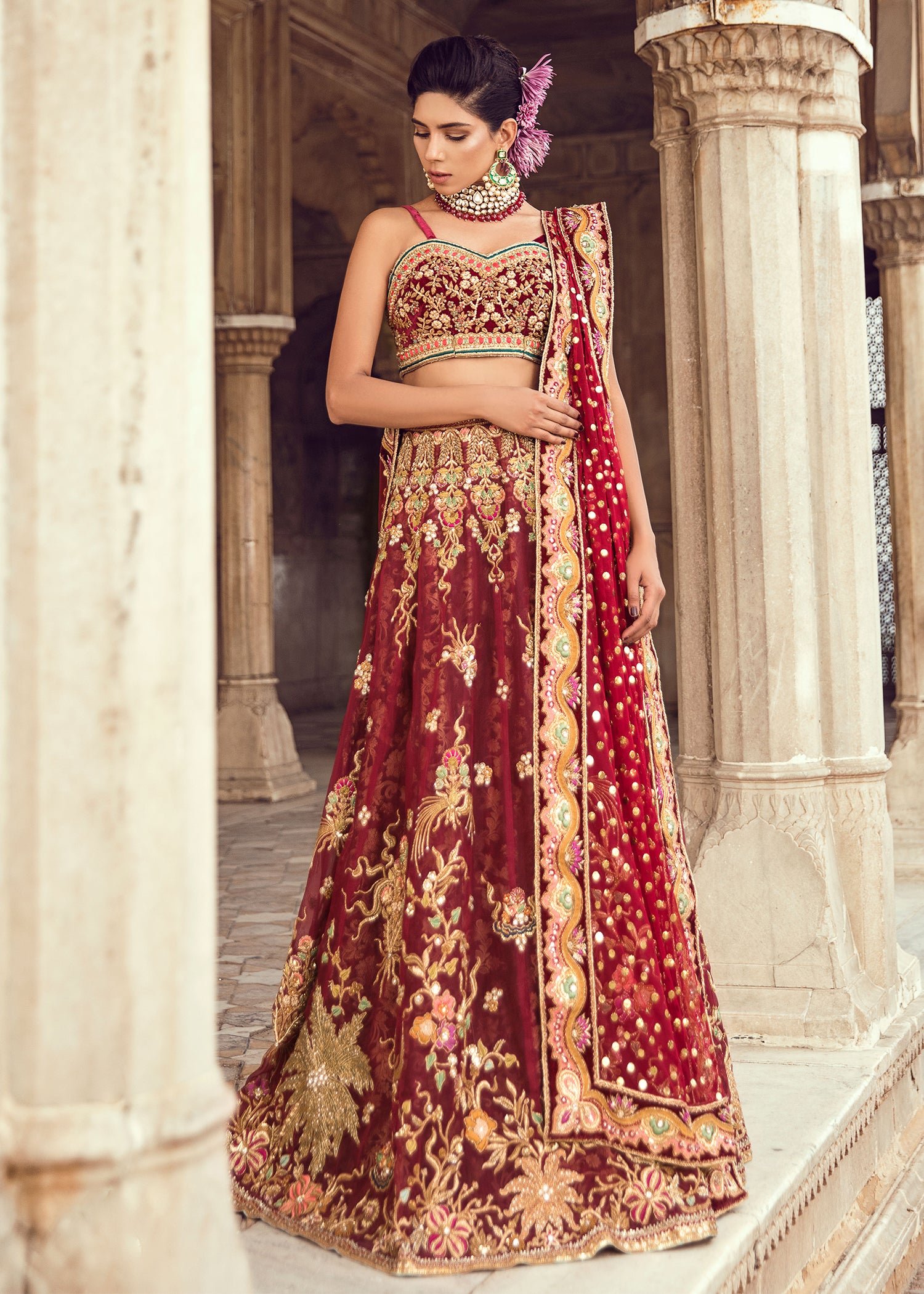 Pakistani Deep Red Embroidered Silk Blend Lehenga Choli (3-Piece) - Image 3