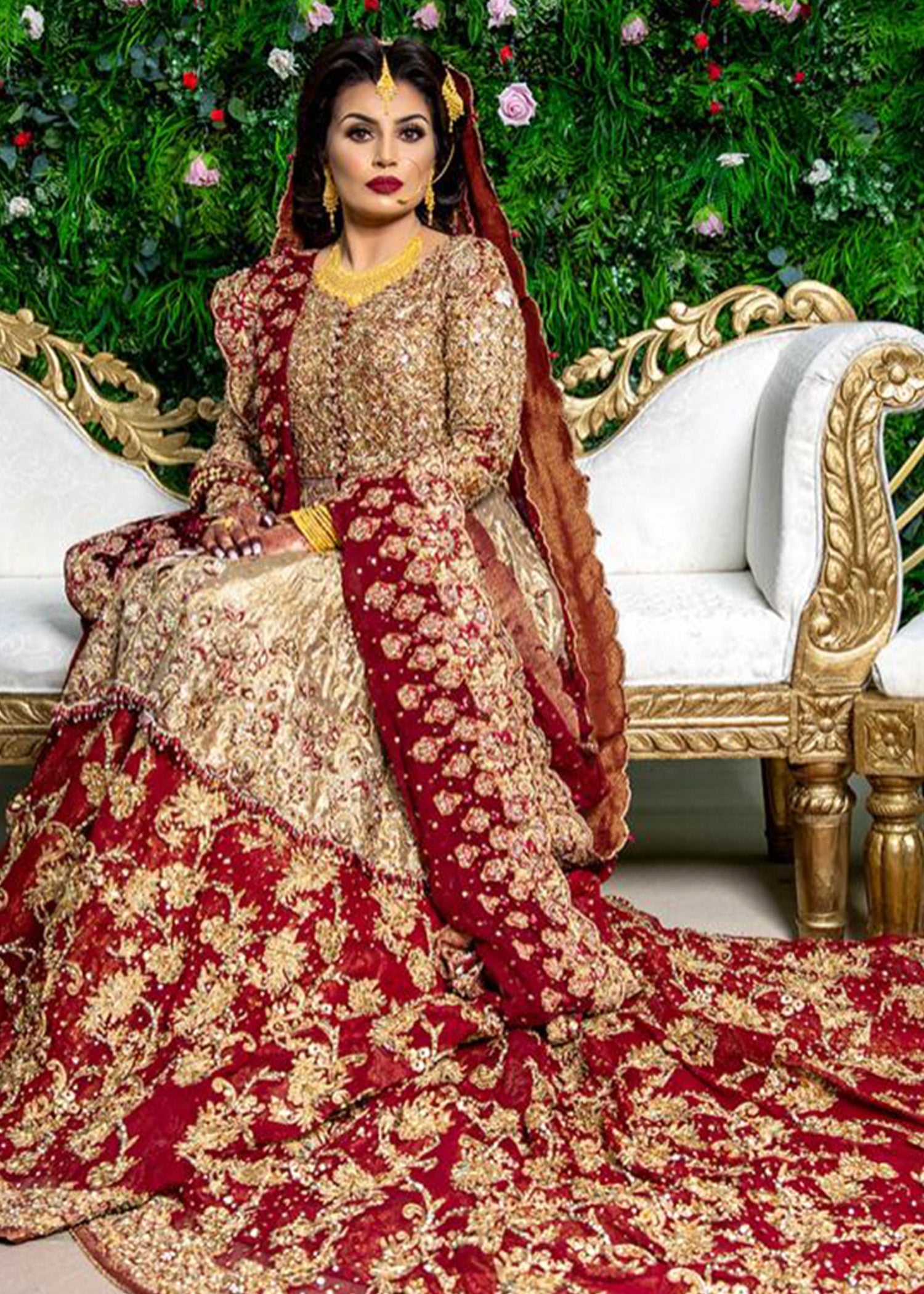 Deep Red Gold Embellished Silk-Blend Bridal Lehenga (3-Piece) - Image 1