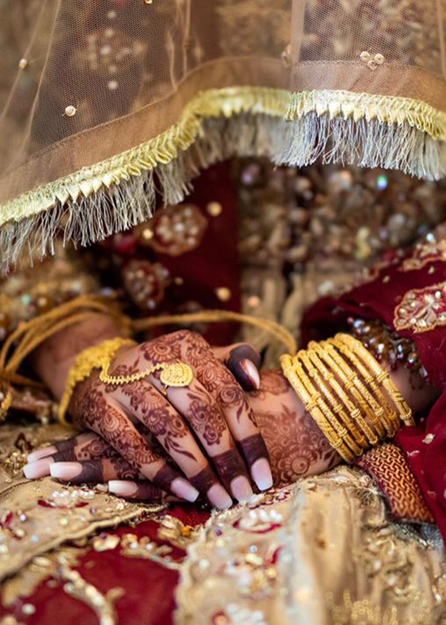 Deep Red Gold Embellished Silk-Blend Bridal Lehenga (3-Piece) - Image 10