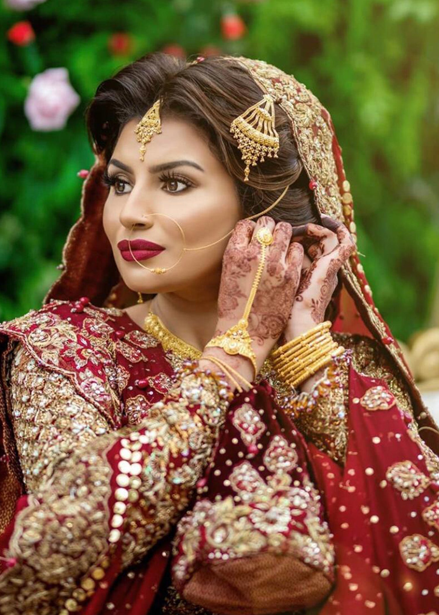 Deep Red Gold Embellished Silk-Blend Bridal Lehenga (3-Piece) - Image 2