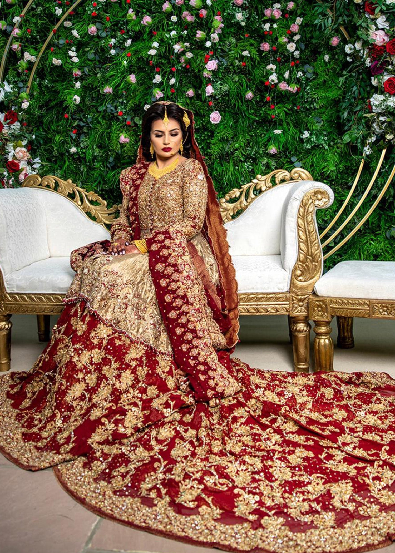Deep Red Gold Embellished Silk-Blend Bridal Lehenga (3-Piece) - Image 3