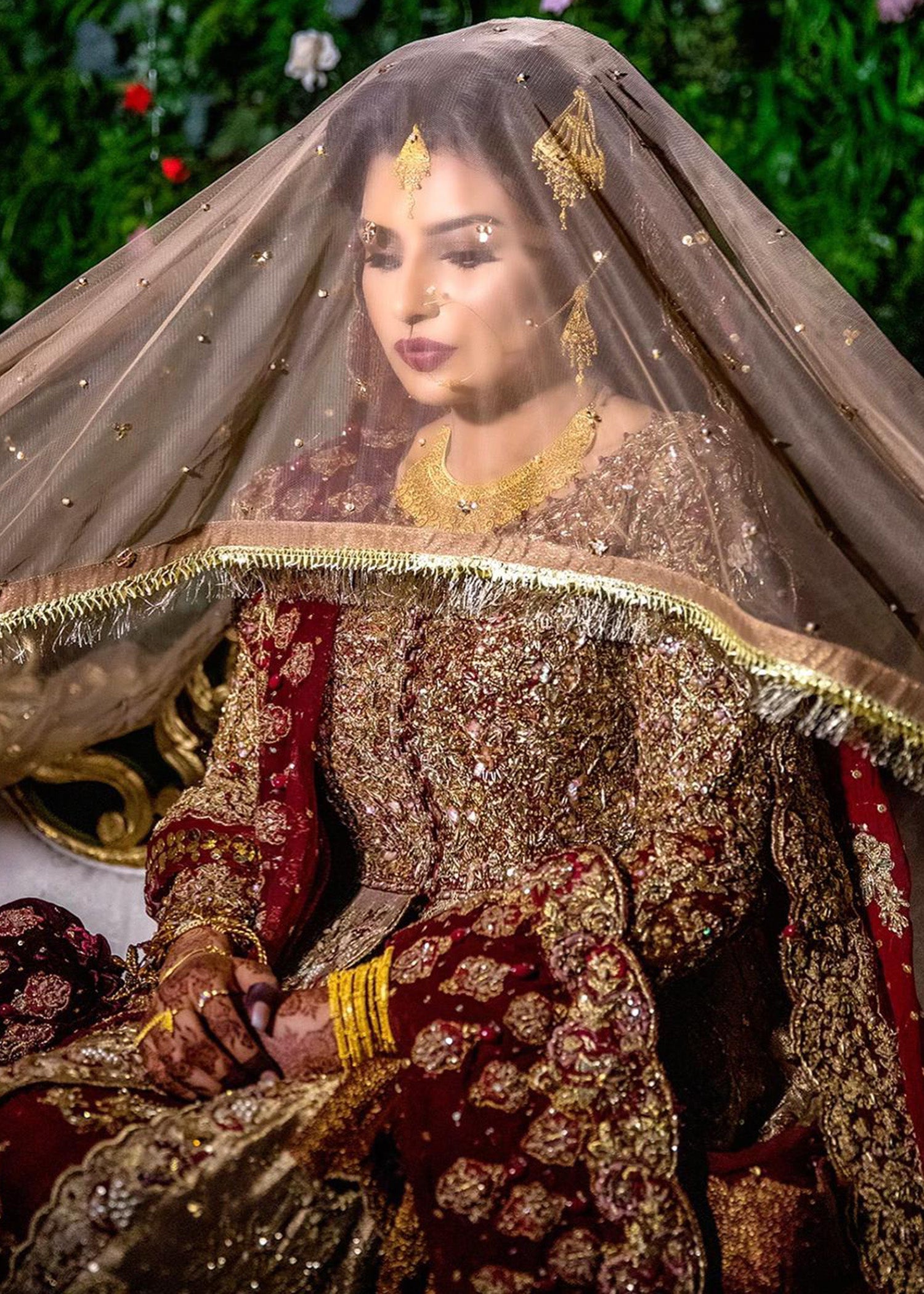 Deep Red Gold Embellished Silk-Blend Bridal Lehenga (3-Piece) - Image 4