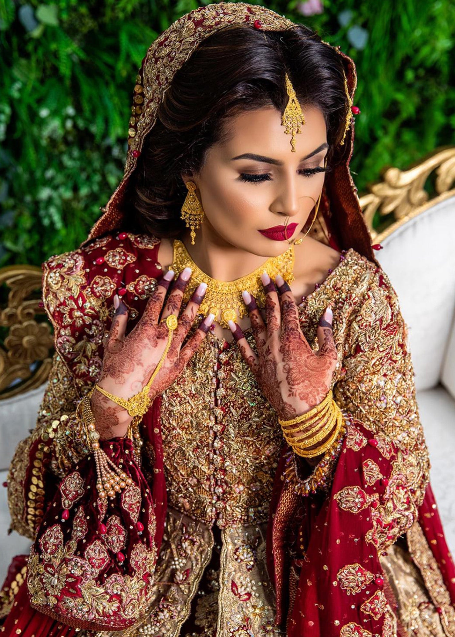 Deep Red Gold Embellished Silk-Blend Bridal Lehenga (3-Piece) - Image 5