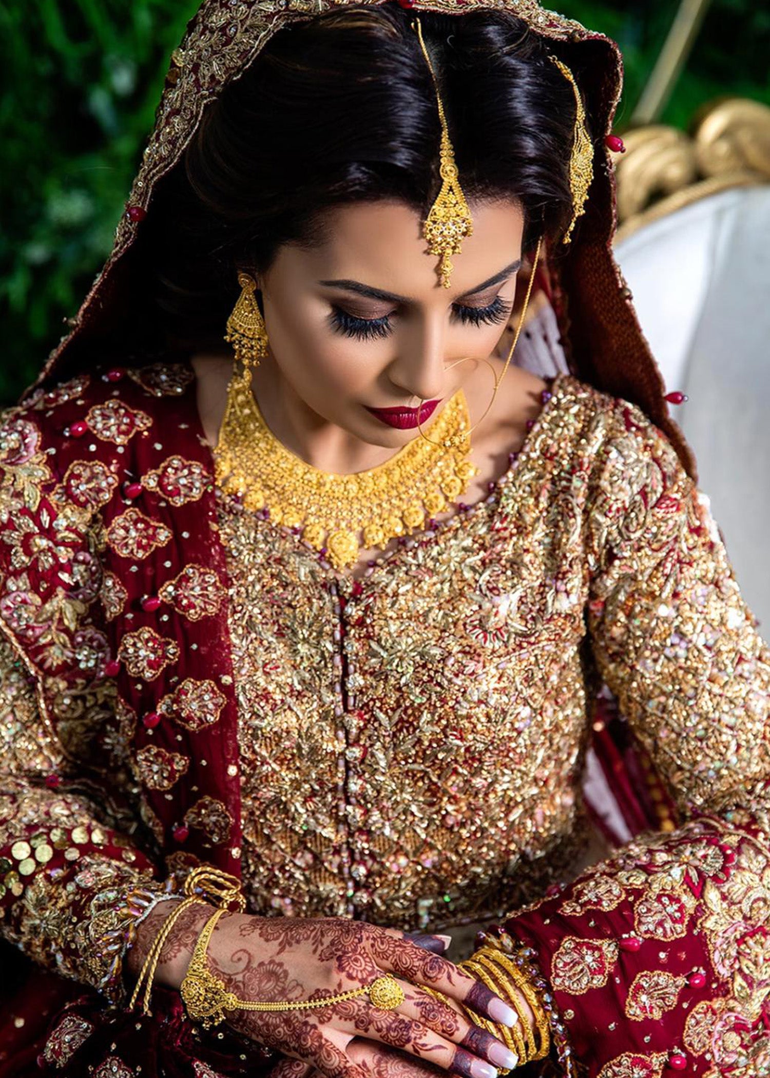 Deep Red Gold Embellished Silk-Blend Bridal Lehenga (3-Piece) - Image 7