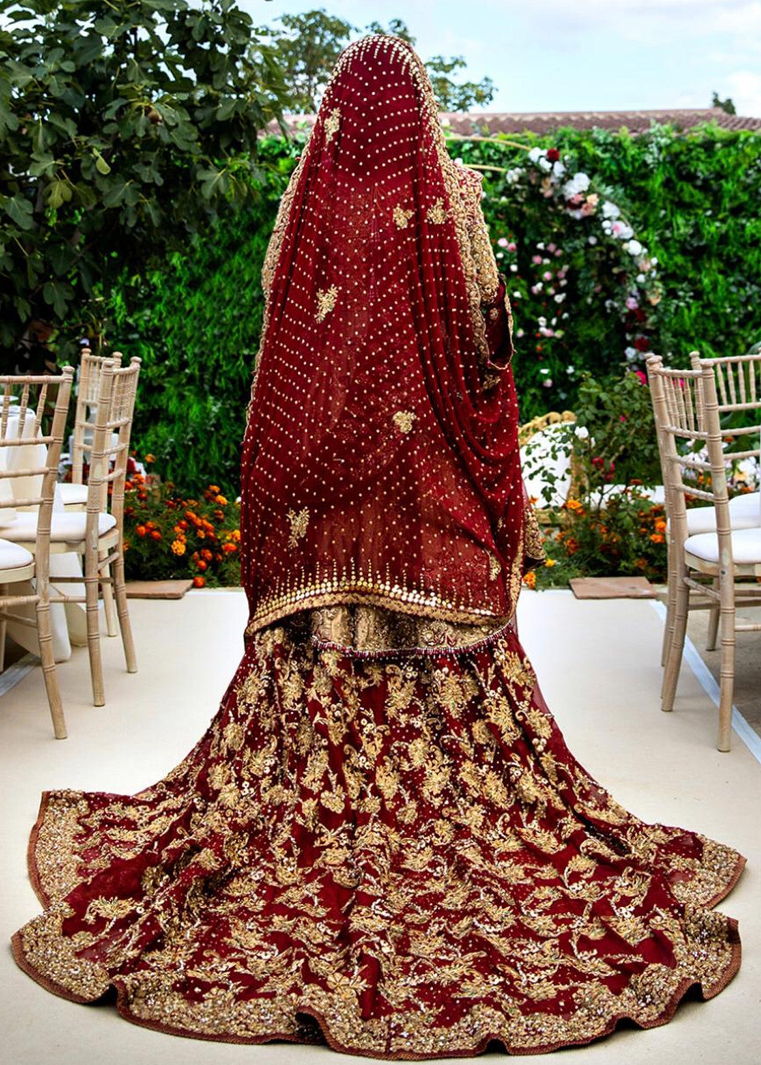 Deep Red Gold Embellished Silk-Blend Bridal Lehenga (3-Piece) - Image 9