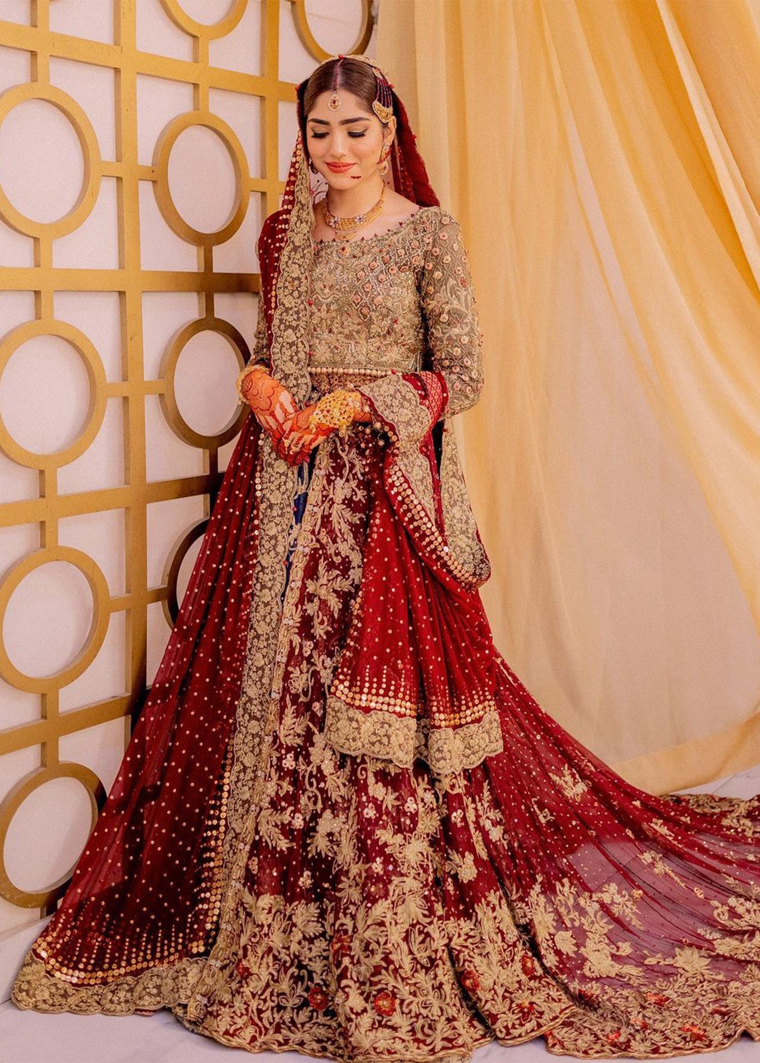 Pakistani Deep Red Gold Embroidered Silk Brocade Lehenga (3-Piece) - Image 1