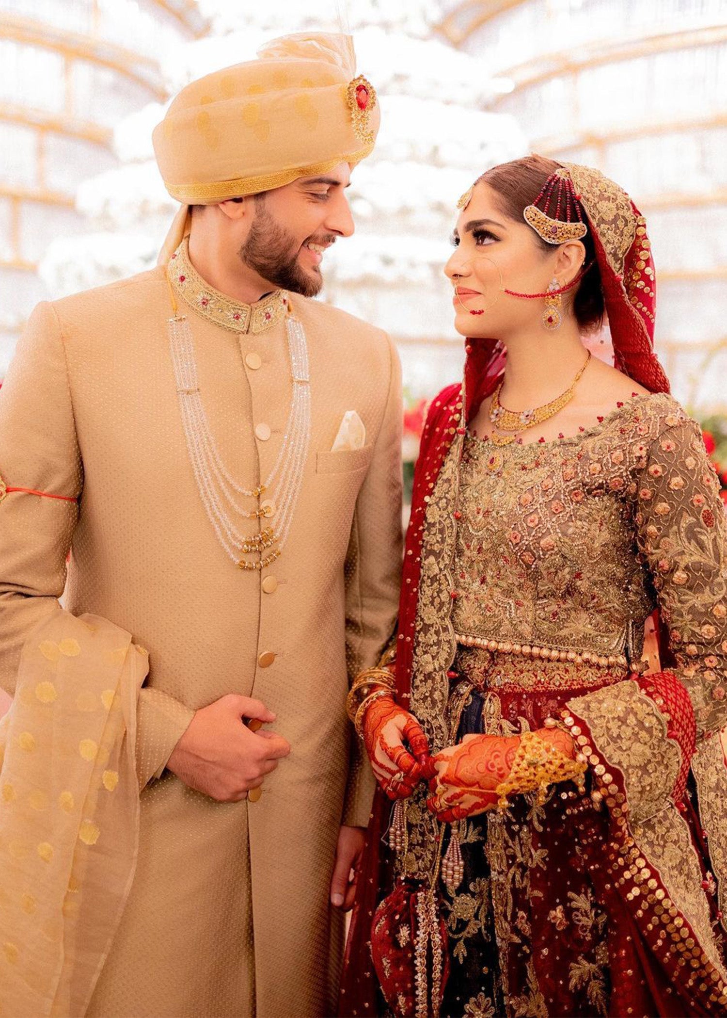 Pakistani Deep Red Gold Embroidered Silk Brocade Lehenga (3-Piece) - Image 2