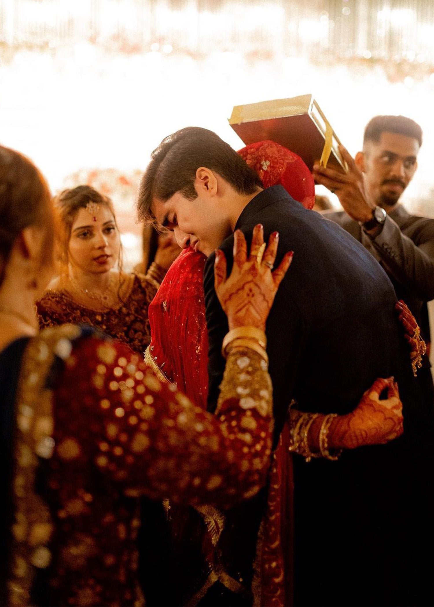Pakistani Deep Red Gold Embroidered Silk Brocade Lehenga (3-Piece) - Image 3
